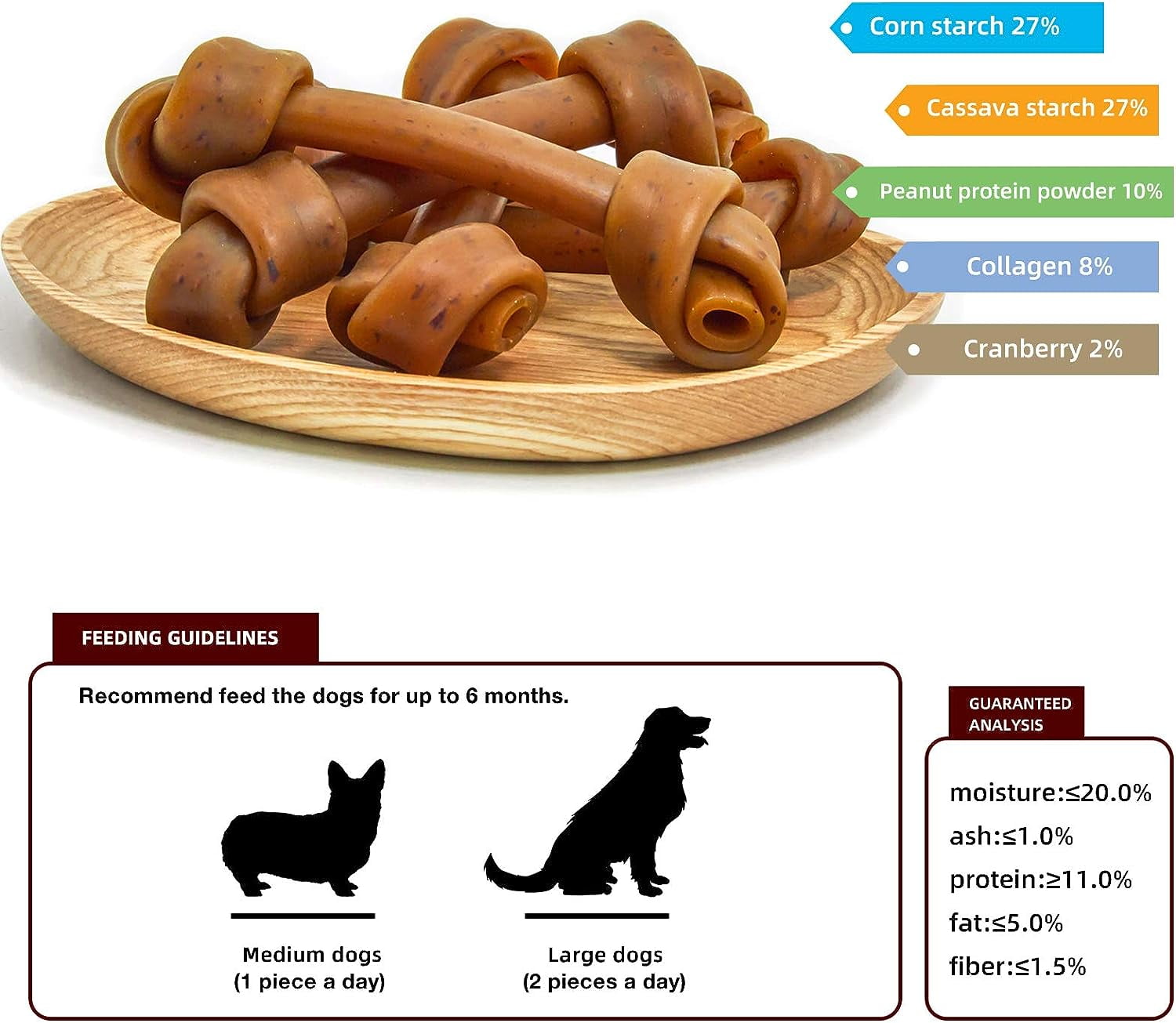 Jungle Calling Rawhide Free 6.5'' Peanut Butter Bones Dog Treats,Dog Chews for Dogs,4 Count