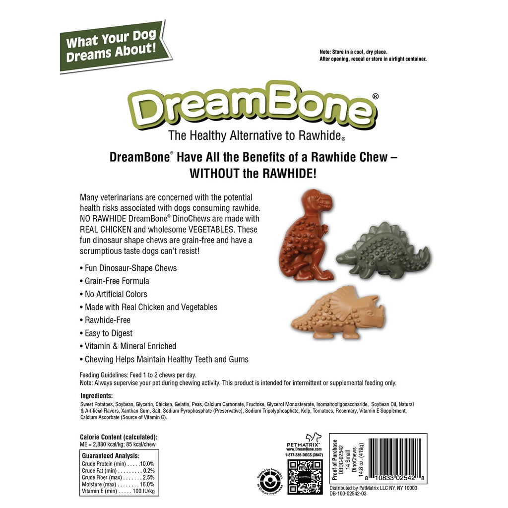 DreamBone Dino Chews Chicken & Vegetable Flavored Grain-Free, Rawhide-Free Dog Treats, Small, 14.8 Oz. (14 Count)