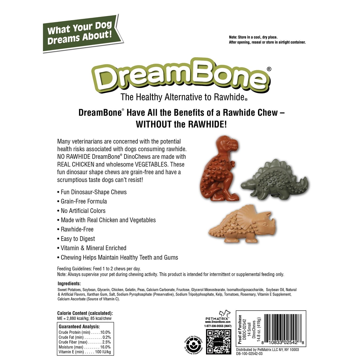 DreamBone Dino Chews Chicken & Vegetable Flavored Grain-Free, Rawhide-Free Dog Treats, Small, 14.8 Oz. (14 Count)