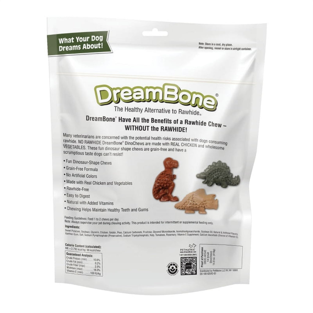 DreamBone Dino Chews Chicken & Vegetable Flavored Grain-Free, Rawhide-Free Dog Treats, Small, 14.8 Oz. (14 Count)